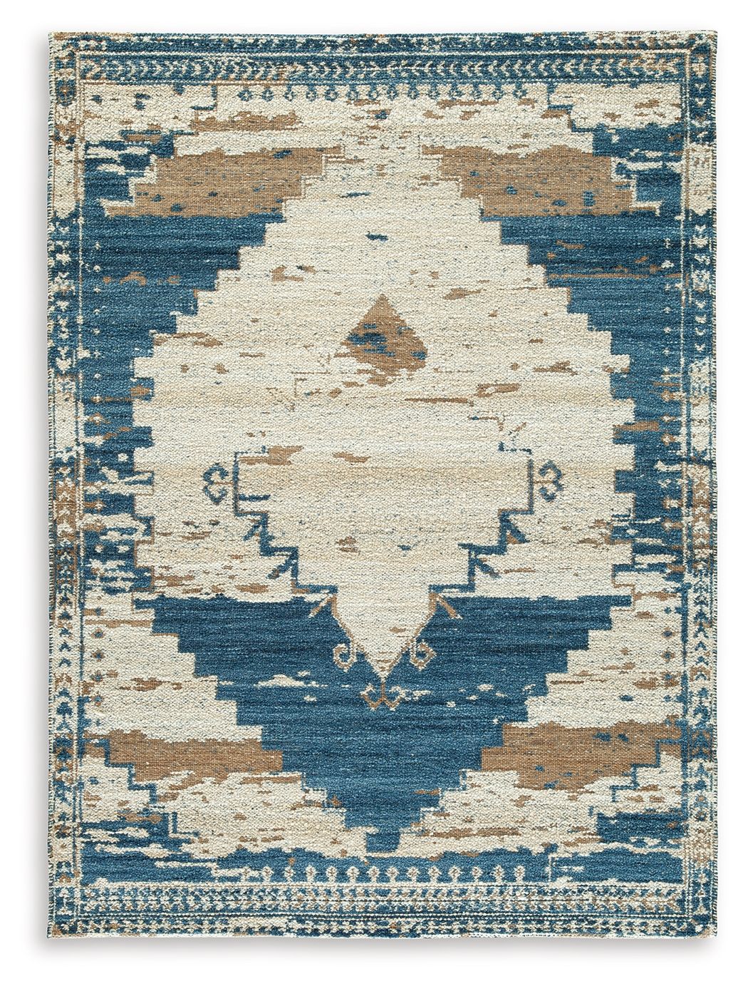 Geometric area rug with cream and blue diamond shapes and ornate distressed border