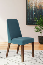Upholstered dining side chair, teal fabric with dark wood legs