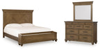 Bedroom storage bed with dresser and mirror set, medium brown wood