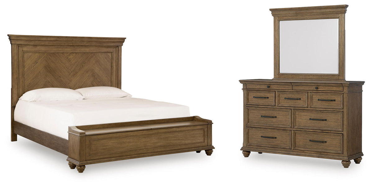 Bedroom storage bed with dresser and mirror set, medium brown wood