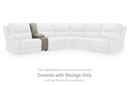 Sectional living room with highlighted console with storage corner unit in light fabric