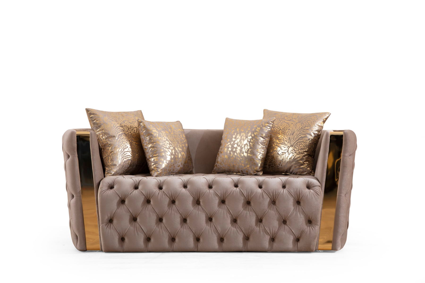 Naomi Button Tufted Loveseat With Velvet Fabric And Gold Accent In Off White
