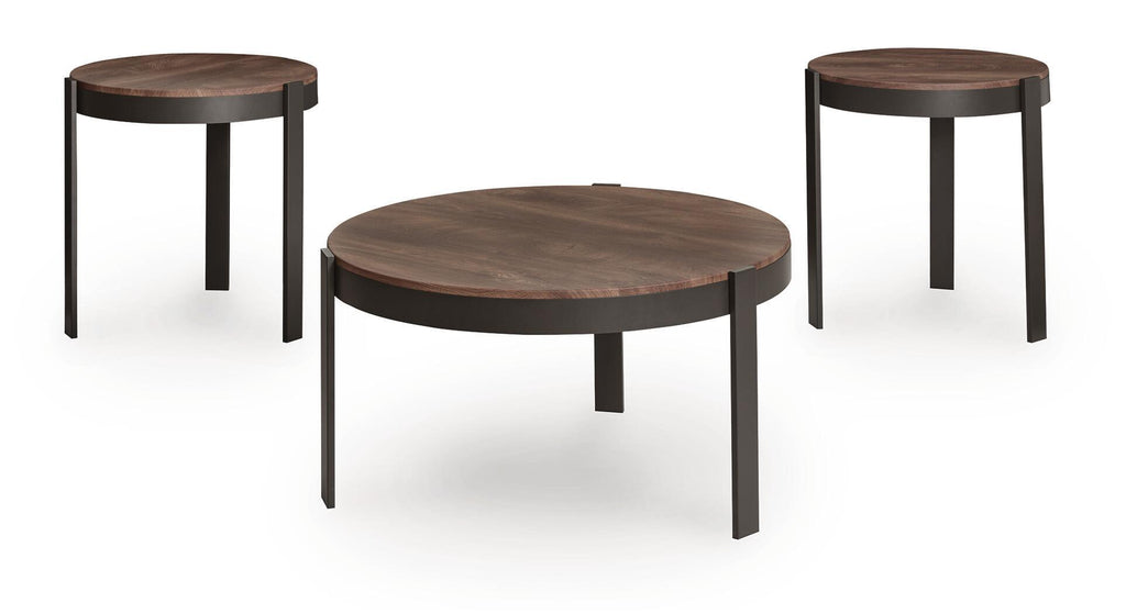 Set of 3 round occasional tables with dark legs and brown wood-look tops