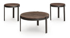Set of 3 round occasional tables with dark legs and brown wood-look tops