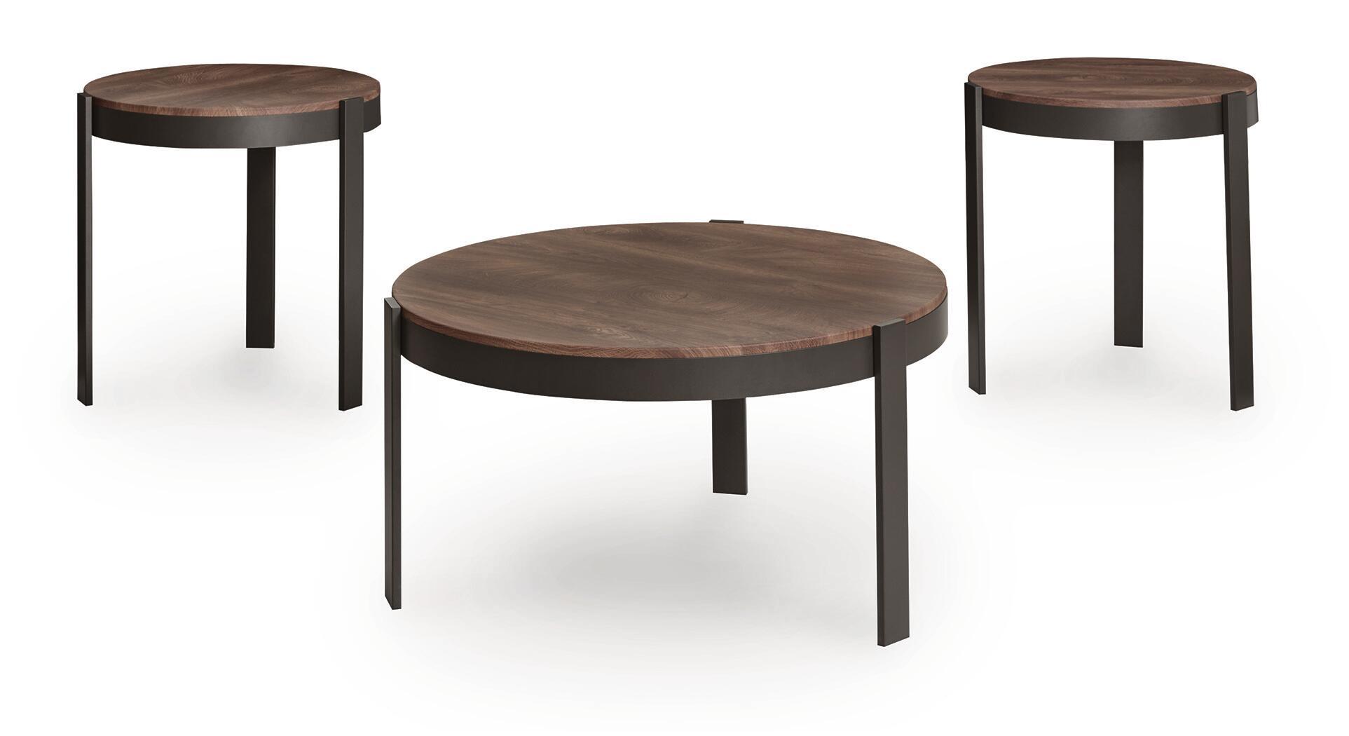 Set of 3 round occasional tables with dark legs and brown wood-look tops