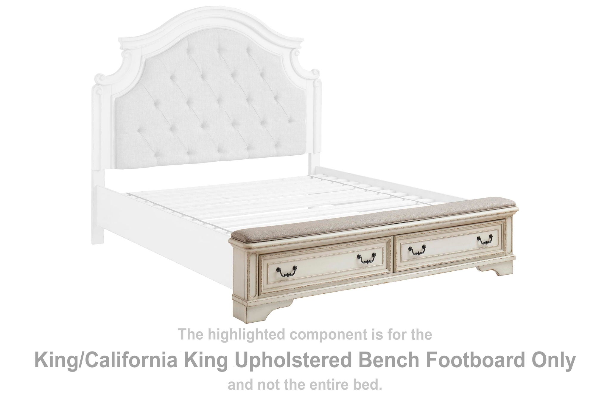 Upholstered bench footboard in chipped white with button-tufted head panel and two drawers