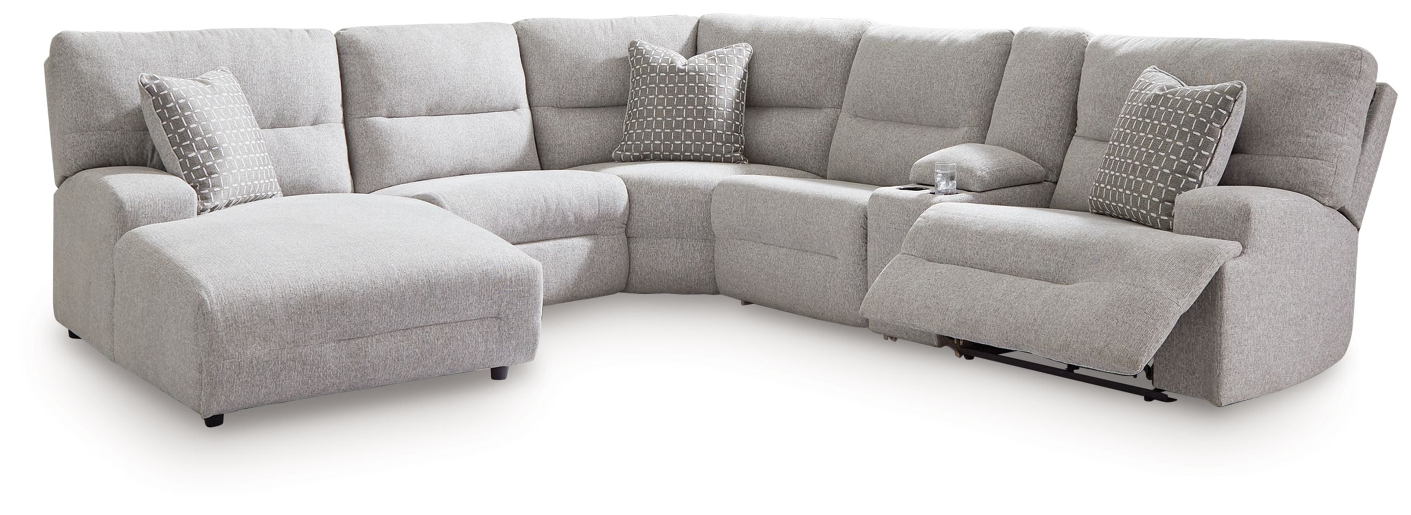 Pewter power reclining sectional sofa with chaise and multiple back cushions