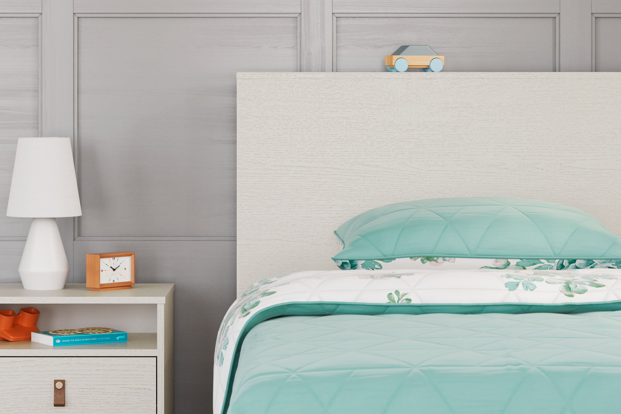 Twin white bookcase headboard with flat panel and top edge beside bed pillows