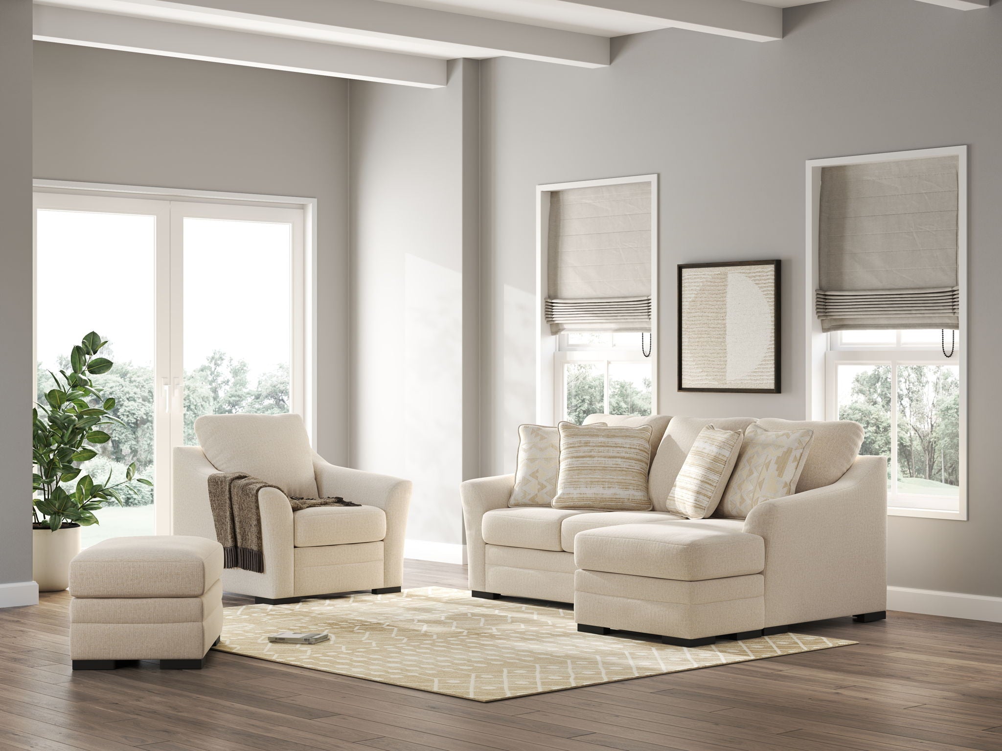 Beige fabric accent chair and sofa chaise with throw pillows