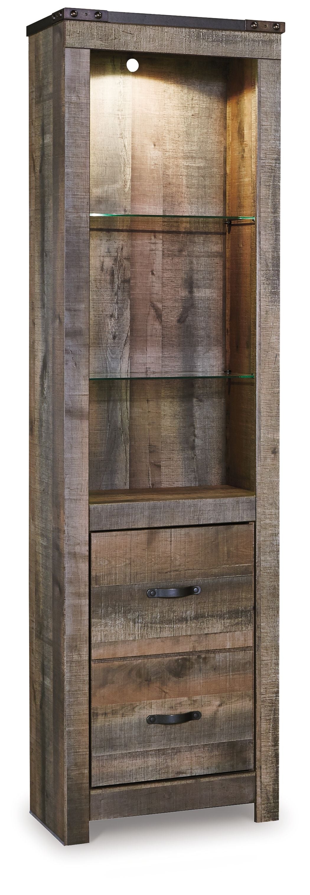 Brown wood cabinet with two drawers and glass-front display
