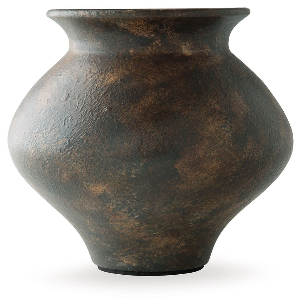 Antique brown vase with rounded belly, wide base, and flared rim