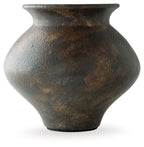 Antique brown vase with rounded belly, wide base, and flared rim