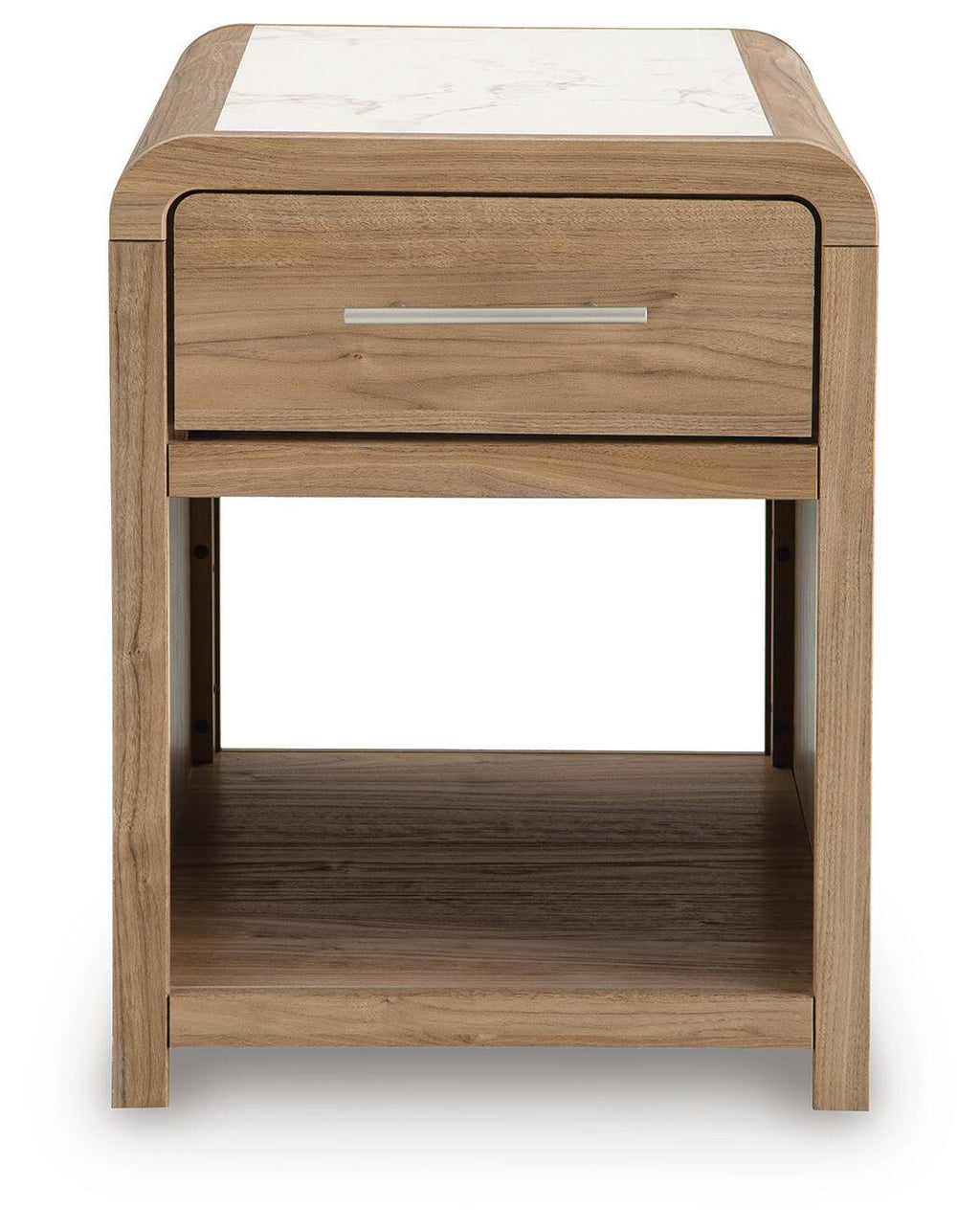 Light brown rectangular end table with one drawer and open bottom shelf, bar pull