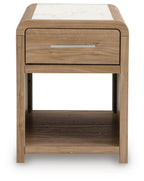 Light brown rectangular end table with one drawer and open bottom shelf, bar pull