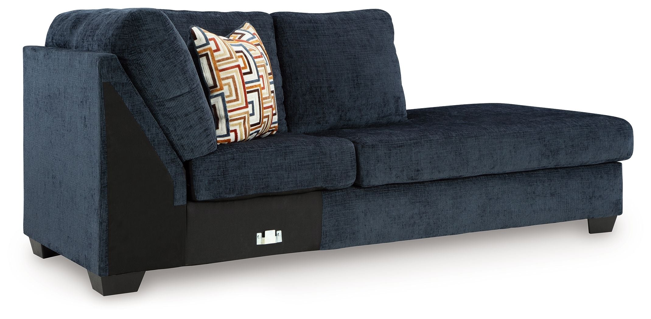 Ink blue corner chaise sofa with left armrest, patterned pillow, and dark feet