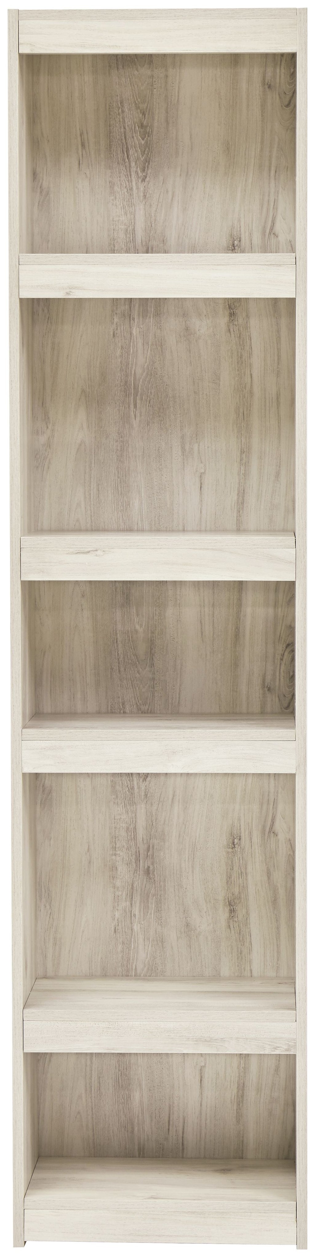 Whitewash wood bookcase with four open shelves and clear cubby compartments