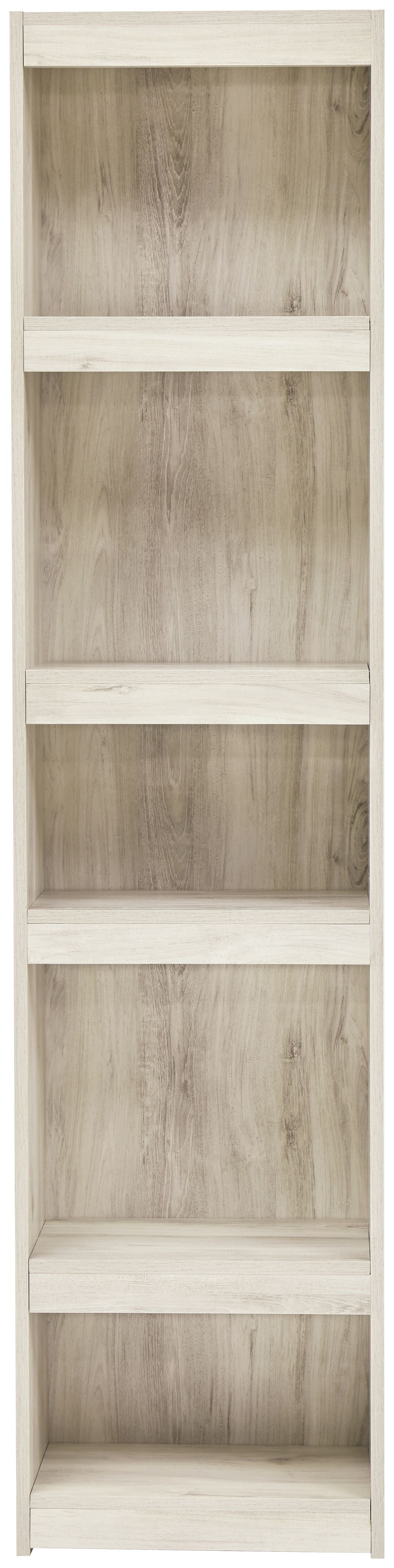 Whitewash wood bookcase with four open shelves and clear cubby compartments