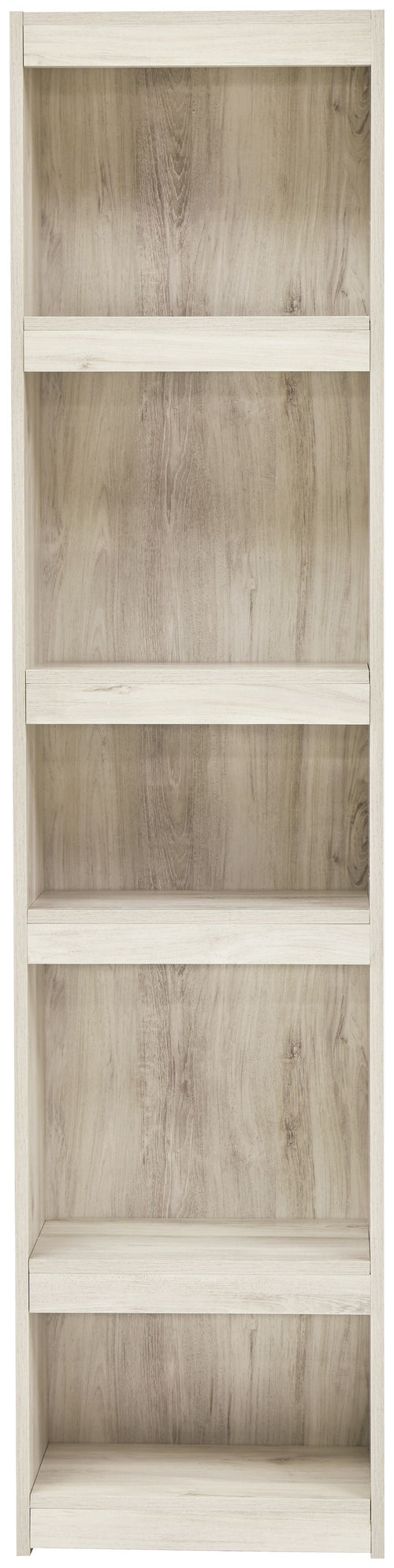 Whitewash wood bookcase with four open shelves and clear cubby compartments
