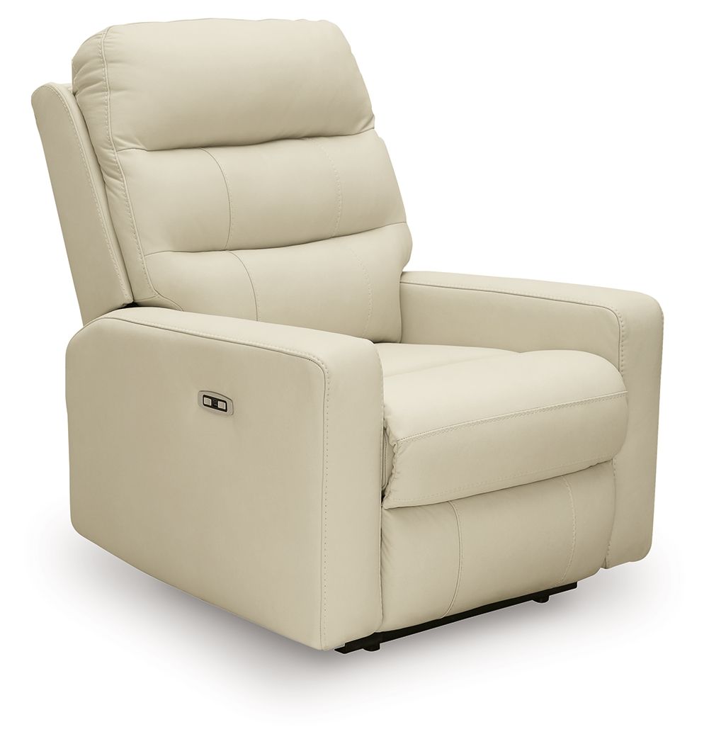 Power recliner with adjustable headrest in light beige, cushioned back and padded arms