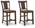 Set of 2 wooden barstools with dark brown frames and light brown seats, square legs