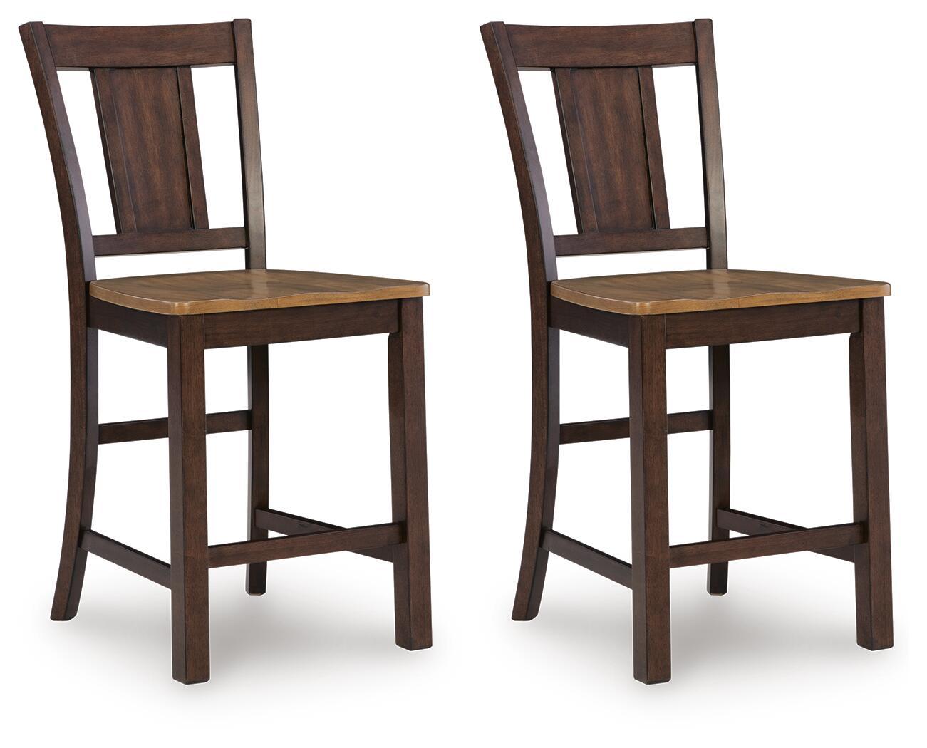Set of 2 wooden barstools with dark brown frames and light brown seats, square legs