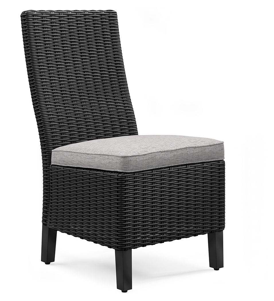 Black woven side chair with light gray cushion seat and curved woven backrest