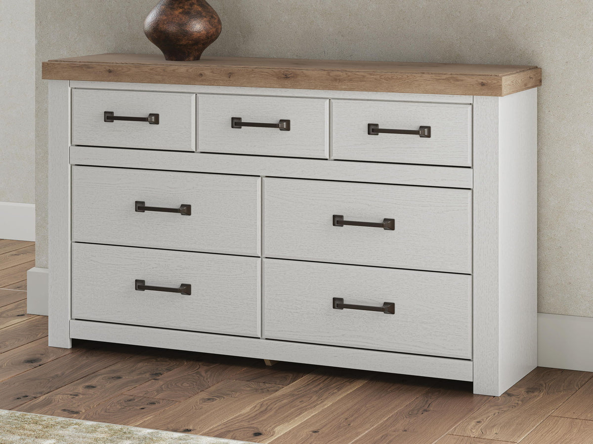 White dresser with wood top, six drawers, dark bar pulls