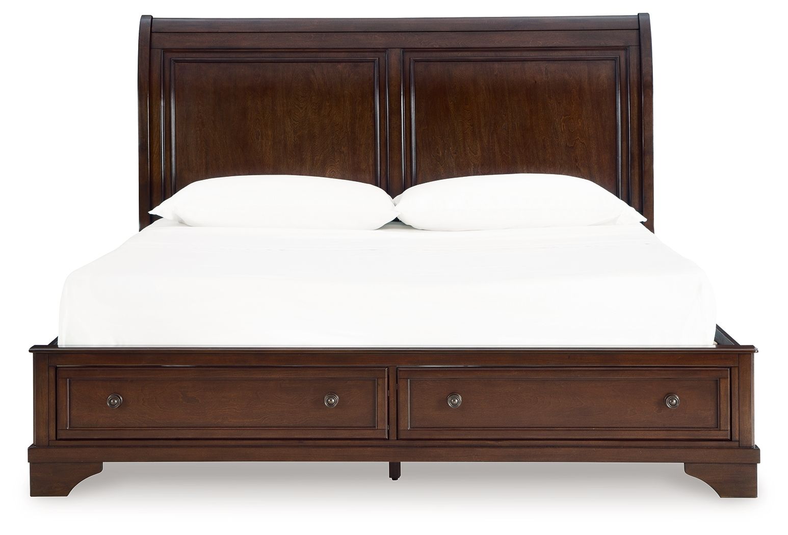 Brown king storage bed with paneled headboard, two drawers, and central support rail