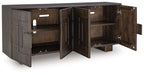 Dark brown accent cabinet with open doors revealing shelves and interior storage.