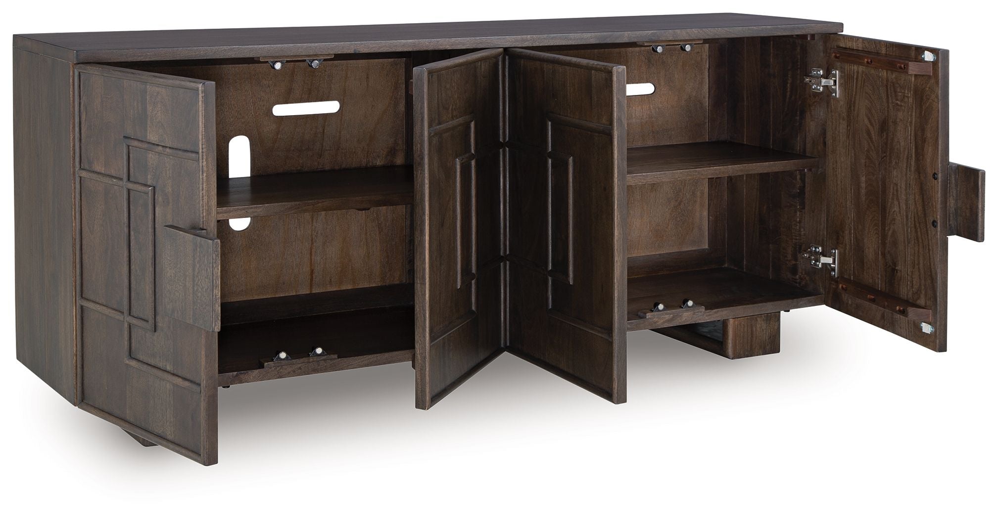Dark brown accent cabinet with open doors revealing shelves and interior storage.