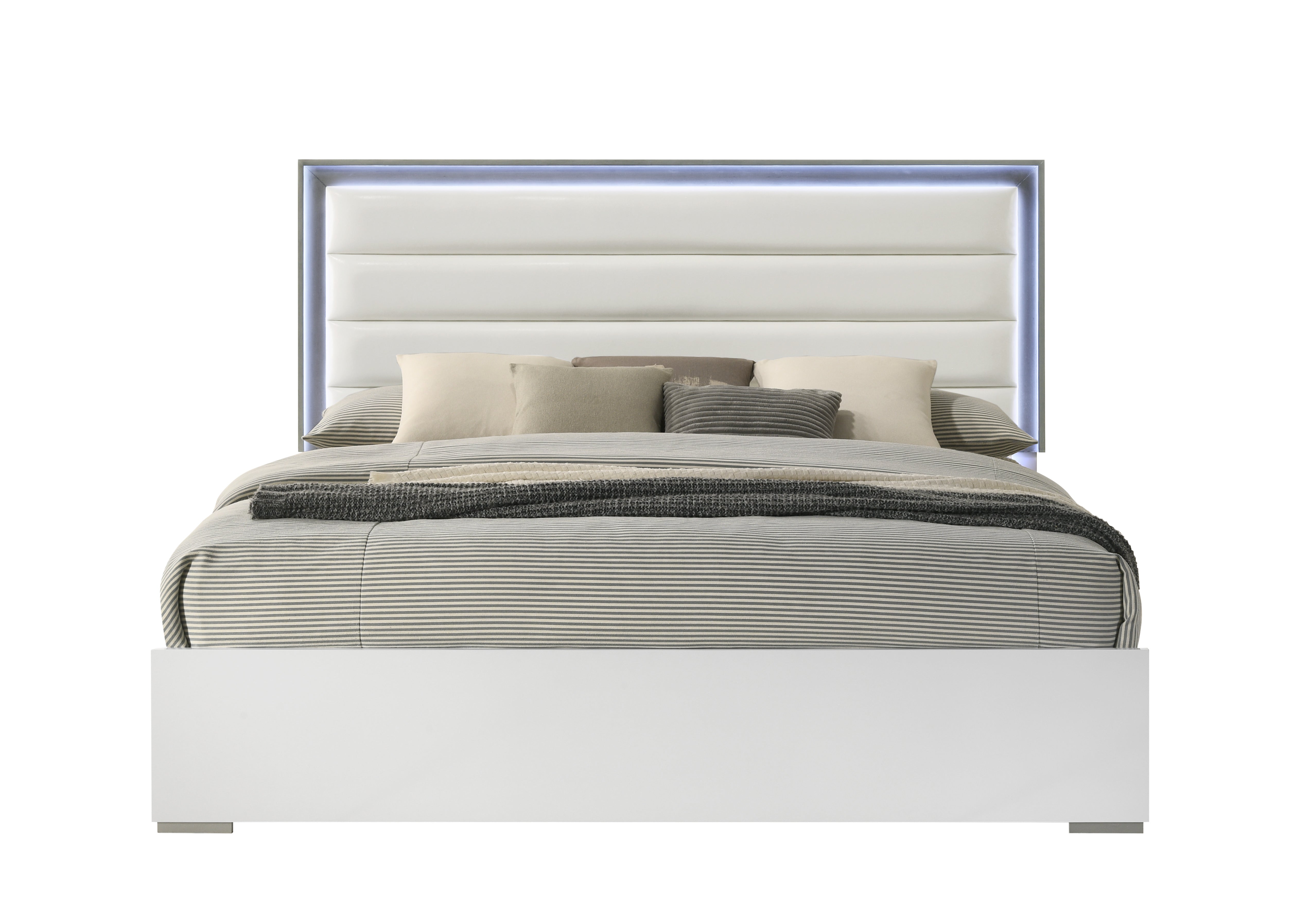 Olivia King Bed: Contemporary Style, LED Headboard, White Wood (CA)