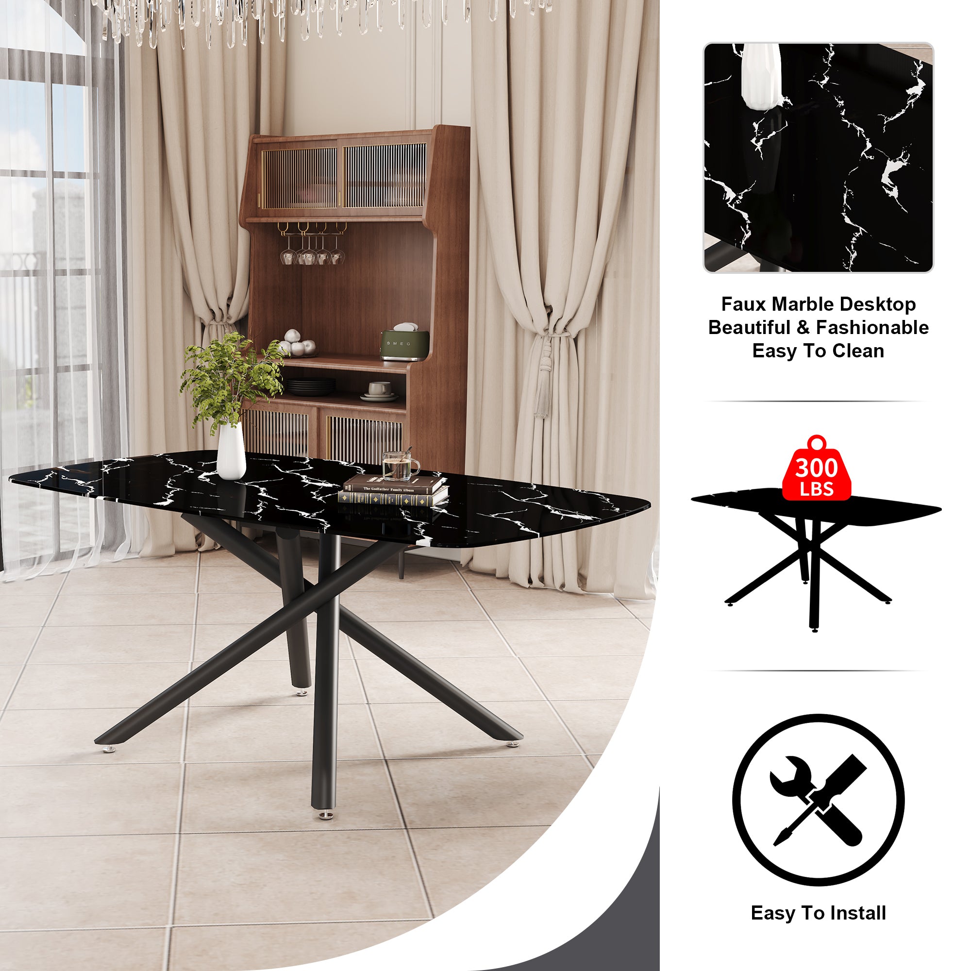 9-Piece Dining Set with Marble-Like Table & 8 Chairs