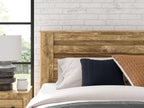 Light brown wood panel headboard with horizontal slats behind bed pillows