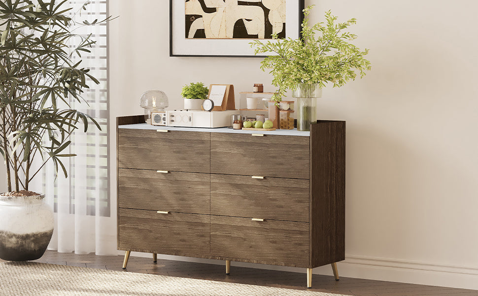 55" 6-Drawer Dresser Marbling Top Walnut
