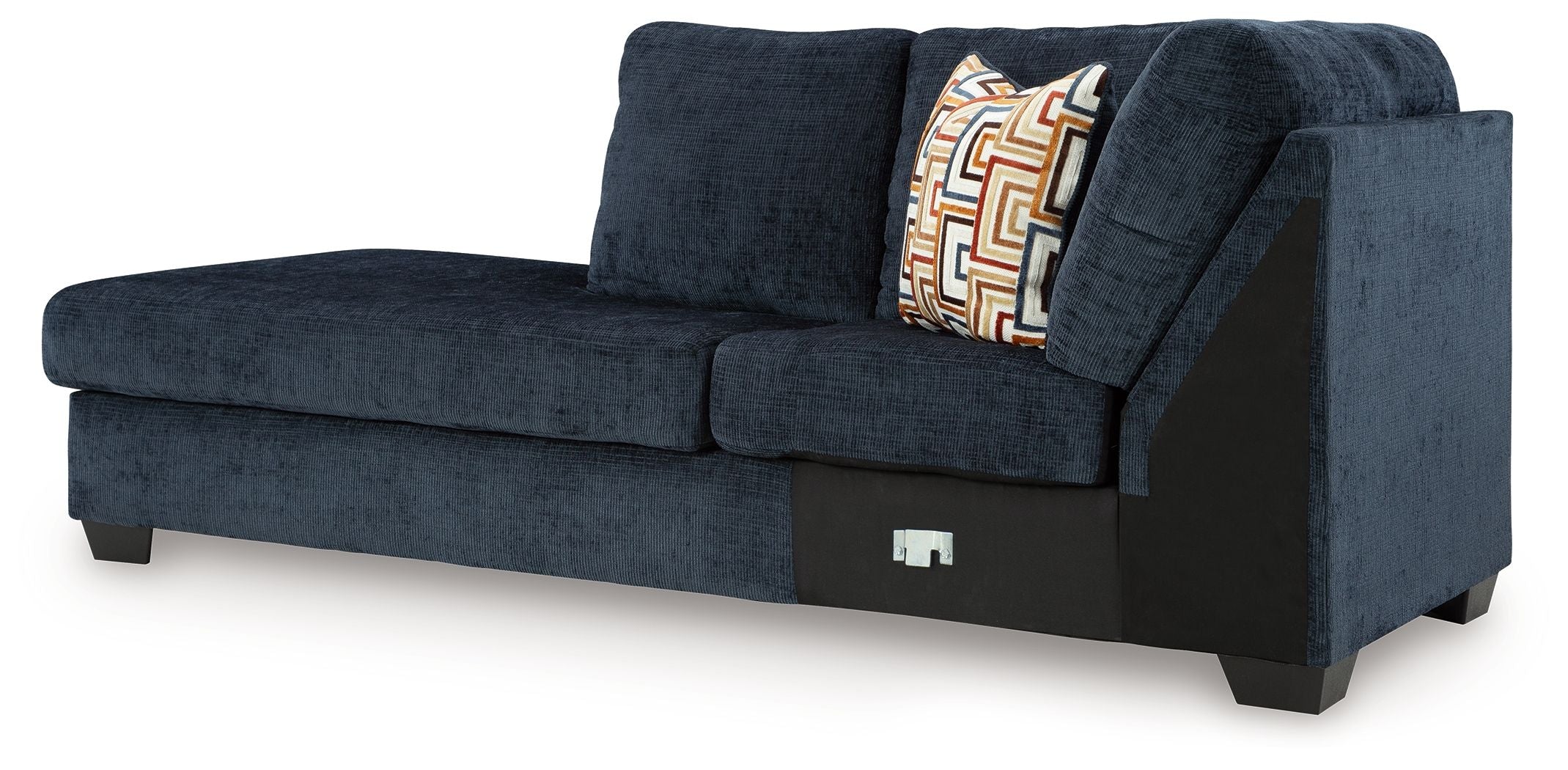 Aviemore dark ink corner chaise with deep seat, back cushions, and geometric throw pillow