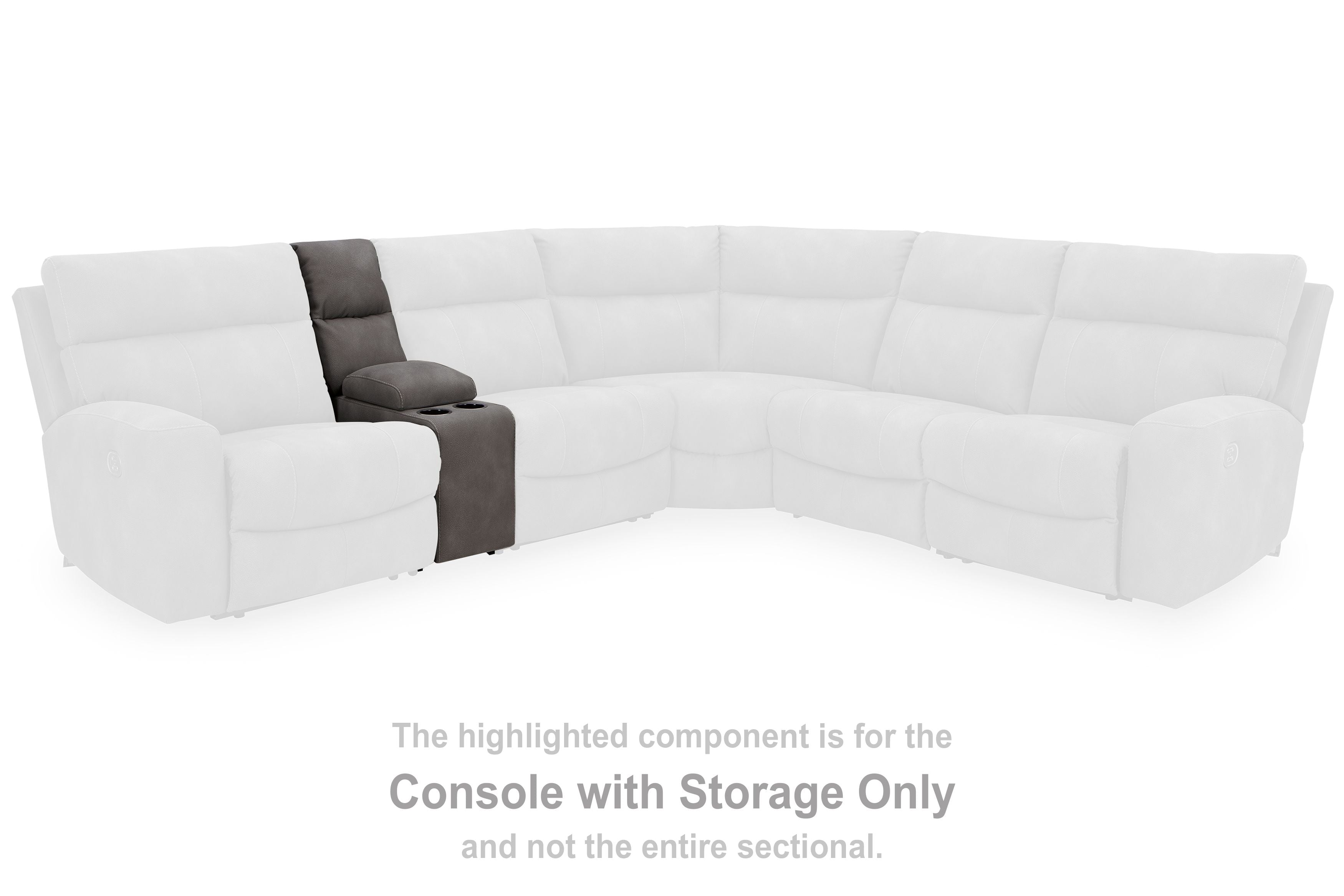 White sectional corner with dark console storage and two cup holders