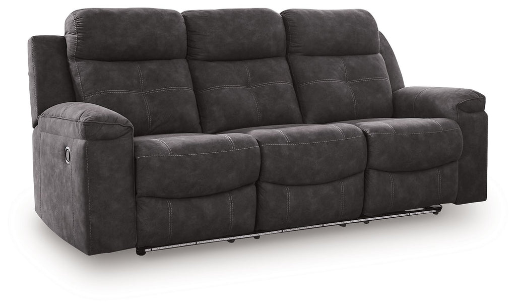 Charcoal reclining sofa with rounded arm and three back sections