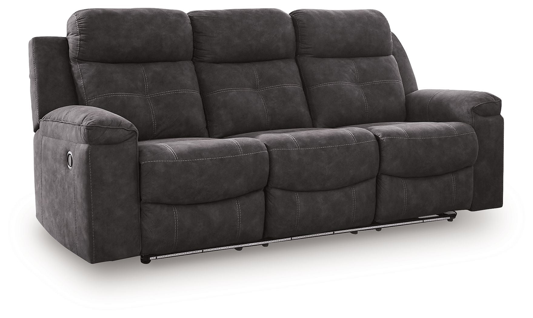 Charcoal reclining sofa with rounded arm and three back sections