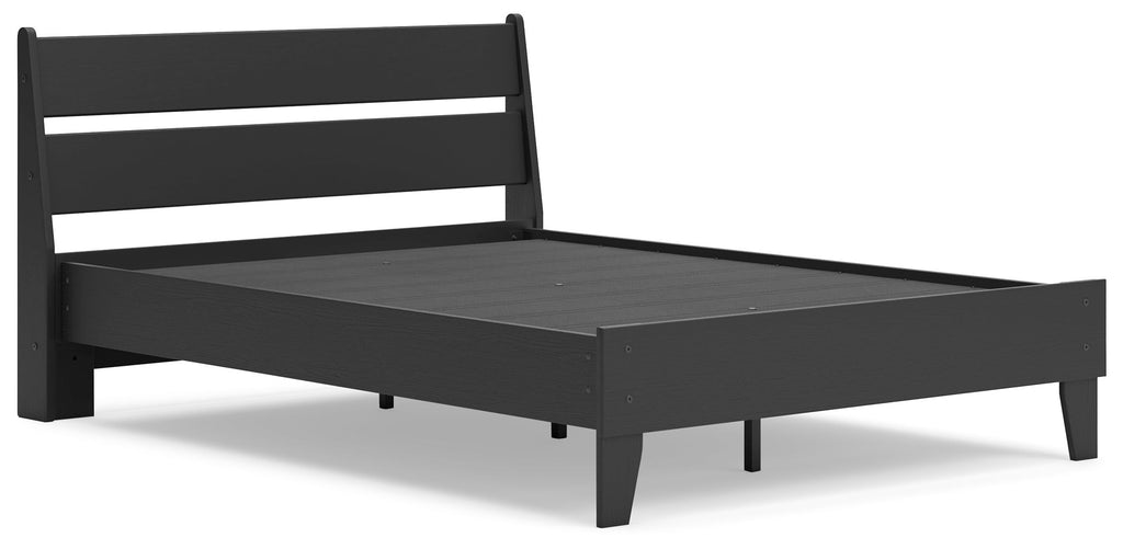 Black panel platform bed with low frame and slatted headboard