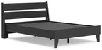 Black panel platform bed with low frame and slatted headboard