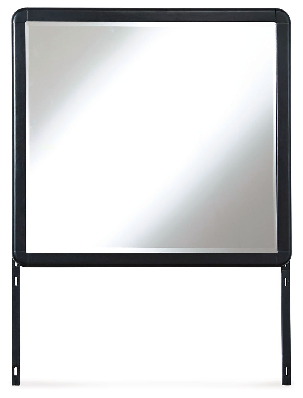 Black square bedroom mirror with rounded corners and two vertical legs.