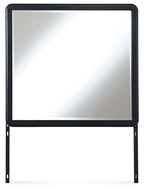 Black square bedroom mirror with rounded corners and two vertical legs.