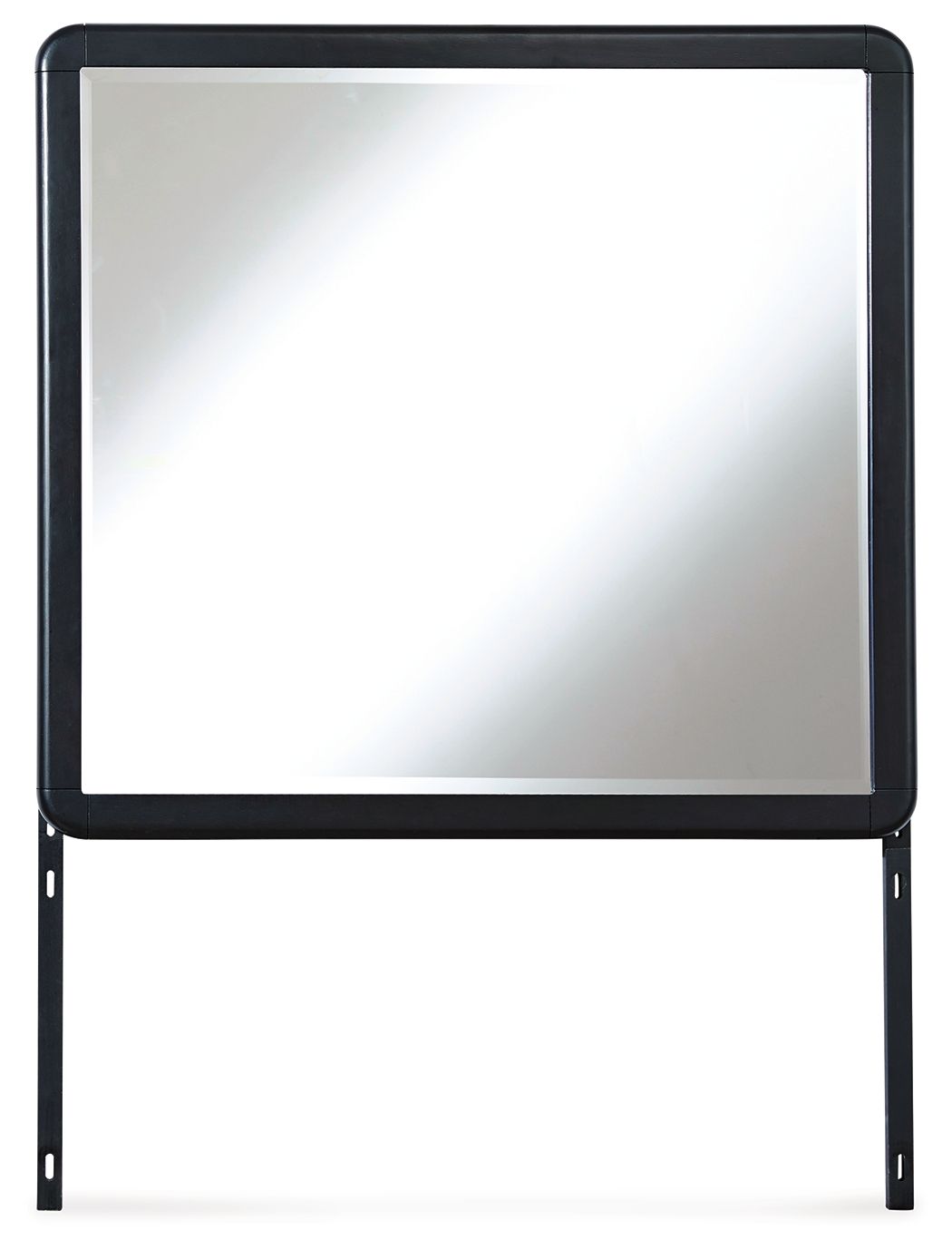 Black square bedroom mirror with rounded corners and two vertical legs.