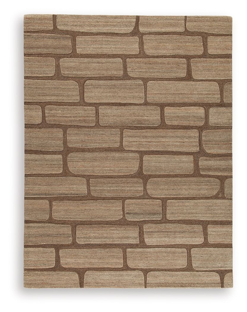 Tan and brown brick-pattern area rug with dense, short textured pile