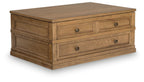 Light brown lift-top cocktail table with two drawers and matching cabinet panels