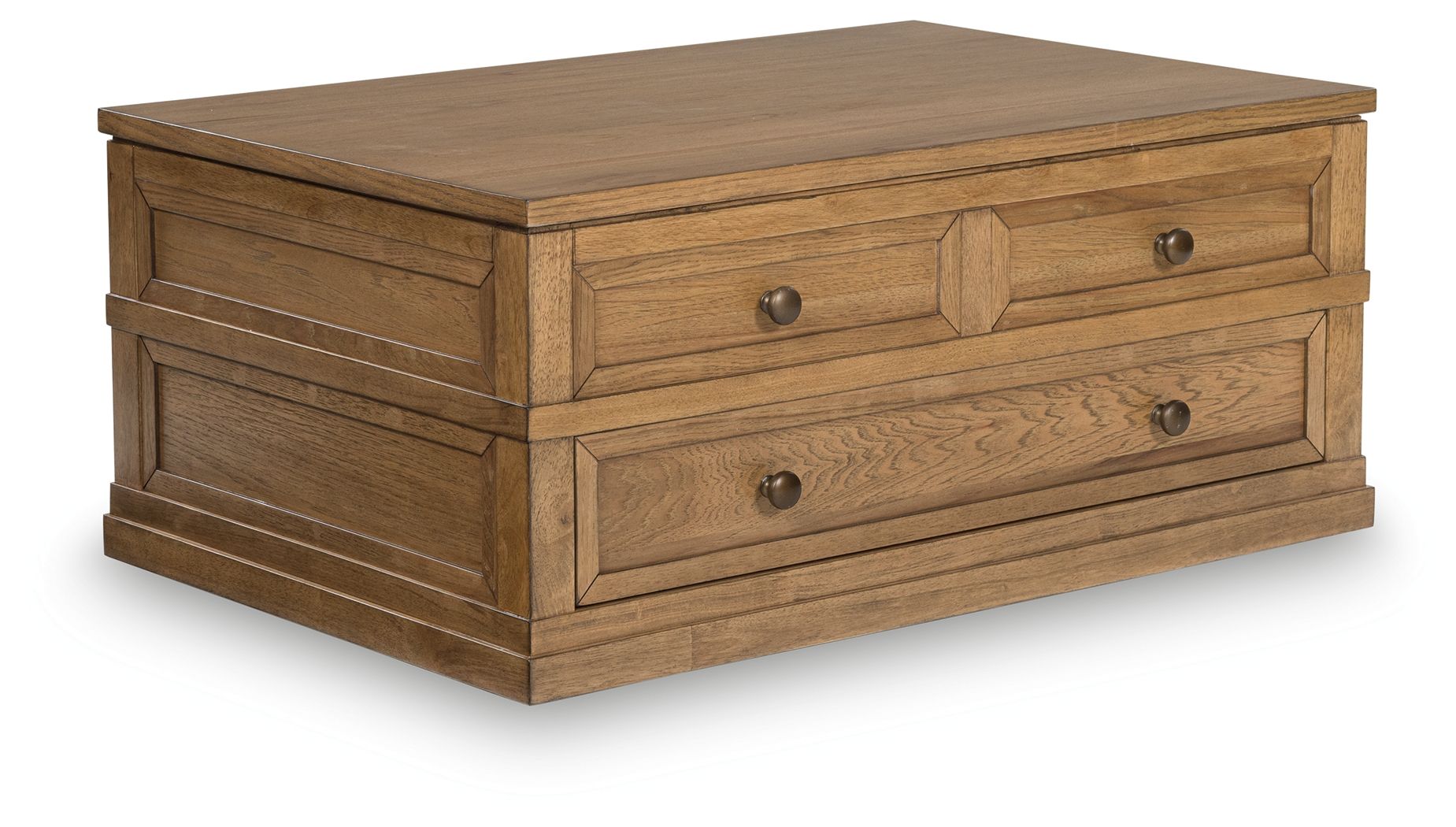 Light brown lift-top cocktail table with two drawers and matching cabinet panels