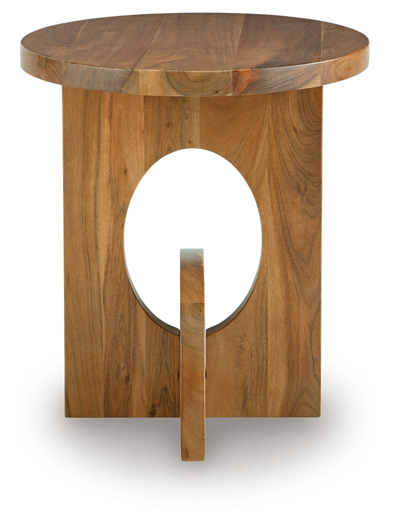 Hollbourne brown accent table with round top and oval cutout panel