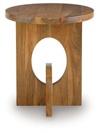 Hollbourne brown accent table with round top and oval cutout panel