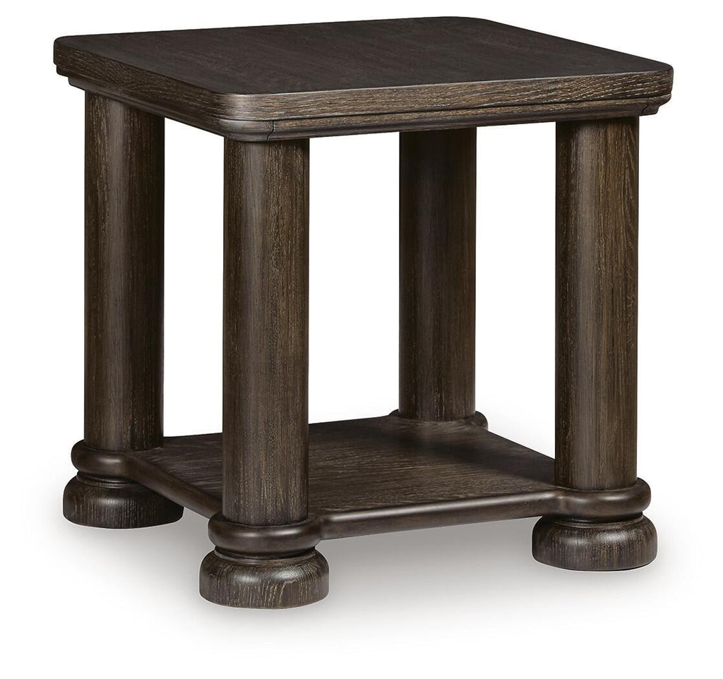 Dark brown square-turned rectangular table with lower shelf and four curved legs
