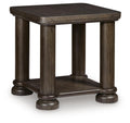 Dark brown square-turned rectangular table with lower shelf and four curved legs